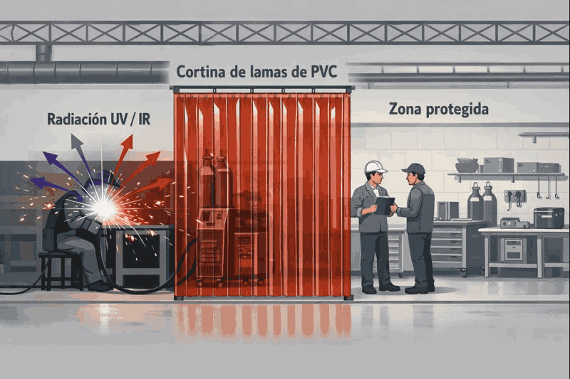 Infografía sobre los riesgos de la soldadura y la protección con cortinas de lamas de PVC