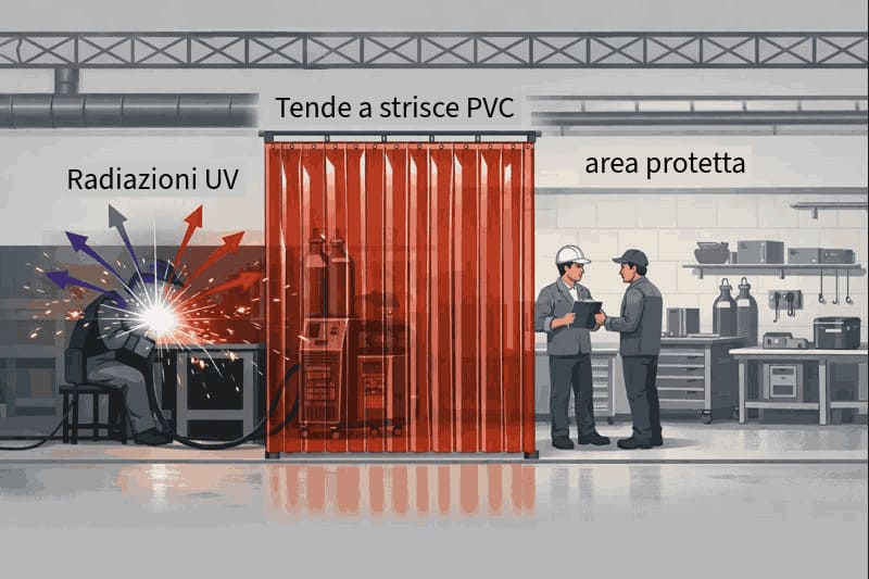 Infografica sui rischi della saldatura e la protezione con tende a lamelle PVC